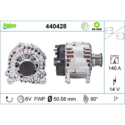 Abbildung von VALEO 440428 Lichtmaschine 14V 140A VOLKSWAGEN: Transporter 5 Bus, Golf 7, Sharan II, SKODA: Octavia 3 Combi, Yeti, Schrägheck