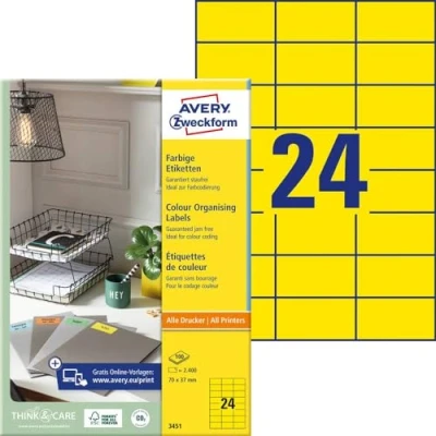 Abbildung von AVERY Zweckform 3451 Gelbe Etiketten (2.400 Aufkleber, 70x37mm auf A4, permanent haftend, selbstklebende Farbetiketten, Papier matt, bedruckbare, farbige Klebeetiketten) 100 Blatt