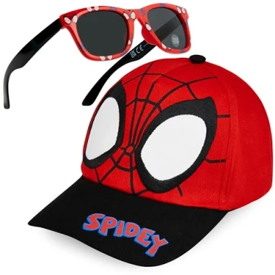 Abbildung von Marvel Spiderman Sonnenbrille Kinder Basecap Jungen Set Verstellbare Coole Sommer Kappe Sonnenbrillen UV400 Geschenke für Jungs (Schwarz/Rot)