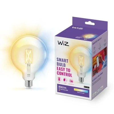 Abbildung von WiZ Tunable White LED Lampe E27 (806 lm), G125, 60 W transparente Filament mit warm bis kaltweißem dimmbarem Licht, smarte Lichtsteuerung über WLAN per Stimme/App