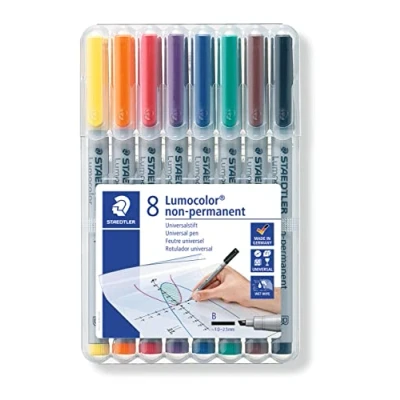 Abbildung von STAEDTLER Universalstift Lumocolor non permanent, breite Keilspitze ca. 1,0 2,5 mm, feucht abwischbar, für fast alle Oberflächen, 8 Folienstifte in sortierten Farben, 312 WP8