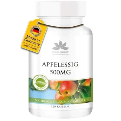 Abbildung von Apfelessig Kapseln 500mg Säuregrad 4 8% 120 vegan HERBADIREKT by Warnke Vitalstoffe Deutsche Apothekenqualität