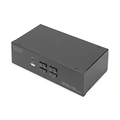 Abbildung von DIGITUS KVM Switch DisplayPort 4 Port Dual Display PC 2 Monitore 1x Maus, Tastatur &amp; Audio für Computer UHD 4K@60Hz (3840 x 2160p) Hot Key Umschalter USB 2.0 Hub Schwarz