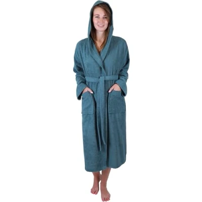 Abbildung von Betz Bademantel Frottee mit Kapuze für Herren und Damen 100% Baumwolle Saunabademantel langer Saunamantel Farbe taubenblau Größe L/XL BERLIN