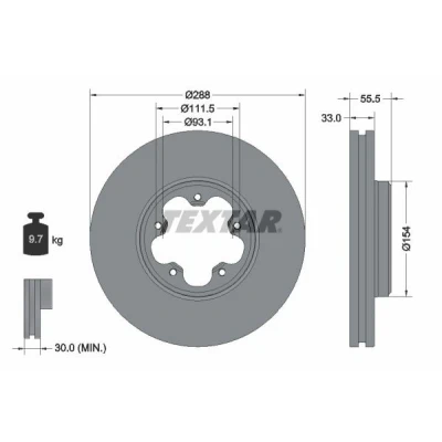 Abbildung von TEXTAR PRO 93260603 Bremsscheibe 288 33 05/05 111,5 innenbelüftet beschichtet ohne Radbefestigungsbolzen, Radnabe FORD: Transit V363 Van