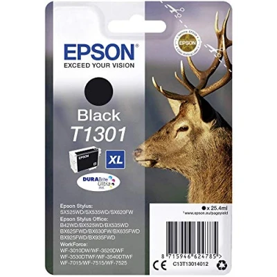 Abbildung von Epson Original T1301 Tinte Hirsch (SX420W BX320FW SX620FW BX/SX525WD BX625FWD BX305FW B42WD BX925FWD BX635FWD BX535WD SX435/440W BX630FW SX235W WF7015 7515 7525 3010 3520 3540) schwarz