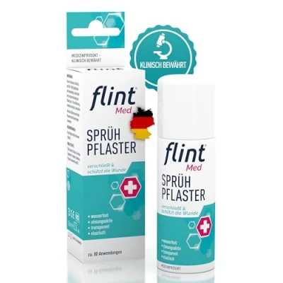 Abbildung von flint Med Sprühpflaster Verschließt und schützt die Wunde, wasserfest, atmungsaktiv, elastisch transparent, Pflasterspray klinisch bewährt, bis zu 80 Anwendungen, 50 ml
