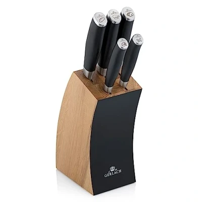 Abbildung von Gerlach 1760 Deco Black Messerblock Messerset Küchenmesserset 5 Messer aus Edelstahl Buchenholz Küchenmesser im Block Kochmesser Brotmesser Gemüsemesser Küche Küchenutensilien Küchenzubehör, Schwarz