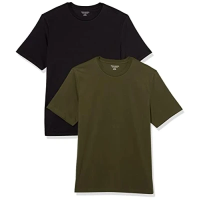 Abbildung von Amazon Essentials Herren Kurzärmliges T Shirt mit Rundhalsausschnitt in normaler Passform, 2er Pack, Olivgrün/Schwarz, L