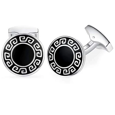 Abbildung von Honey Bear Herren Hochzeit Retro Muster Geschnitzt Manschettenknöpfe Cufflinks Edelstahl Manschettenknopf (Silber mit Schwarz) (runden)