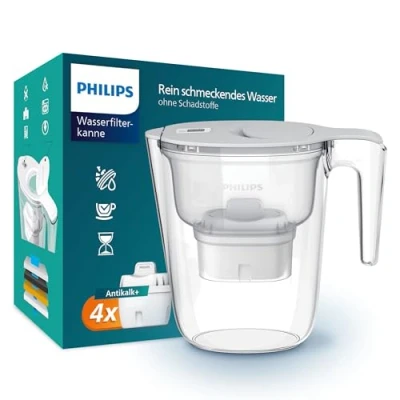 Abbildung von Philips Wasserfilterkanne +4 SOFTENING+ Ersatzfilterkartuschen, BIS ZU 50% WASSERHÄRTE REDUZIERUNG, Schneller Durchfluss, Weiß, 2,6 Liter, Elektronischer Timer