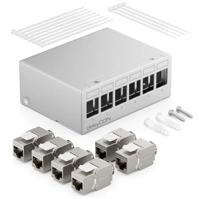 Abbildung von deleyCON 6 Port Patchpanel Set Patchfeld Verteilerfeld 1 HE + 6x RJ45 Keystone Jack Modul STP CAT6a Kompatibel mit Verlegekabel CAT6 CAT7 Netzwerkkabel Ethernet LAN DSL Grau