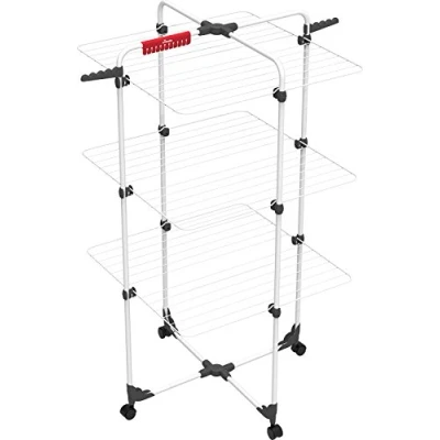Abbildung von Vileda Mixer 3 Turmwäscheständer, 30m Leinenlänge, Ebenen für bis zu 2 Waschladungen, Flex Gelenk, rollbar, Höhe 132 cm, Farbe Grau, Eco Verpackung