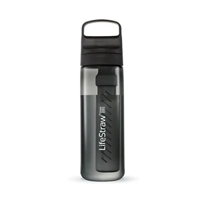 Abbildung von LifeStraw Go Serie BPA freie Trinkflasche mit Wasserfilter 650ml für Reisen und den täglichen Gebrauch entfernt Bakterien, Parasiten, Mikroplastik + verbessert Geschmack, Nordic Noir (schwarz)