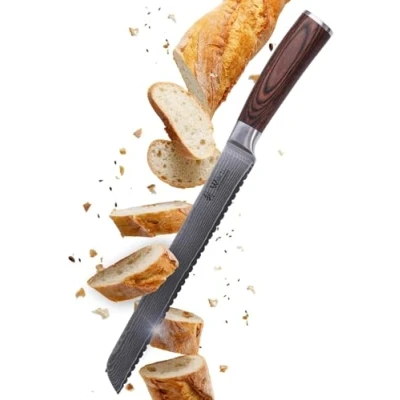 Abbildung von Wakoli Edib Damast Brotmesser mit Wellenschliff I Scharfe 23 cm Klinge aus 67 Lagen Damaststahl VG10 Kern und Griff Pakkaholz Profi Küchenmesser, Damastmesser in eleganter Box