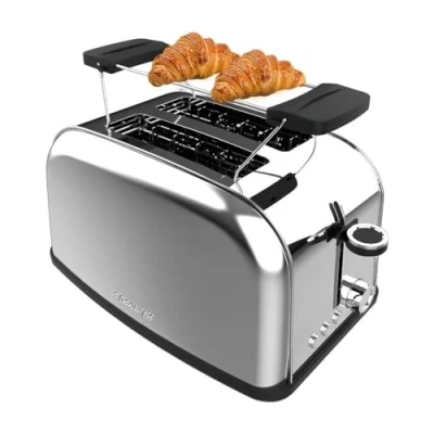 Abbildung von Cecotec Vertikaler Toaster Toastin&#039; time 850 Inox, 850W, Doppelter langer Schlitz und breiter von 3,8 cm, Obere Stäbe, Edelstahl, Automatische Abschaltung Pop up Funktion, Krümelablage