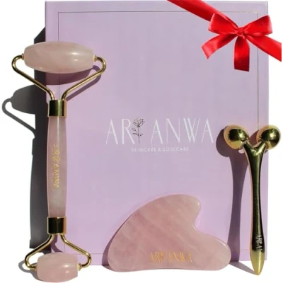 Abbildung von Deluxe Gua Sha und Rosenquarz Roller Set inkl. 3D Massager für straffe Haut &amp; definierte Konturen mit Gesichtsroller Face Yoga