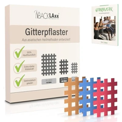 Abbildung von BACKLAXX ® Gittertape 120 Stück Premium Qualität Gitterpflaster Set in Größen Typ b GRATIS umfangreiches eBook mit 60 Anwendungsbeispielen Akupunkturpflaster Cross Tape
