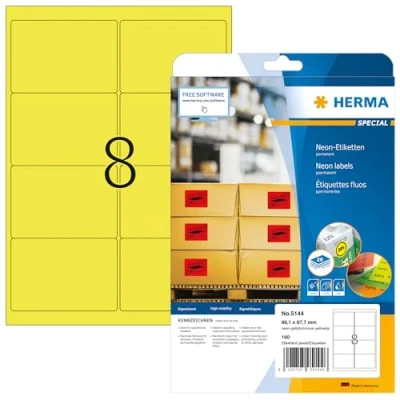 Abbildung von HERMA 5144 Farbige Etiketten Neon gelb, 20 Blatt, 99,1 x 67,7 mm, 8 pro A4 Bogen, 160 Stück, selbstklebend, bedruckbar, matt, blanko Papier Farbaufkleber
