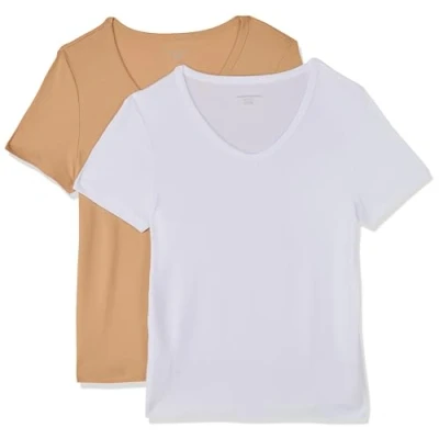 Abbildung von Amazon Essentials Damen Kurzärmeliges T Shirt mit V Ausschnitt, Schmale Passform, 2er Pack, Weiß/Helles Kamelbraun, S