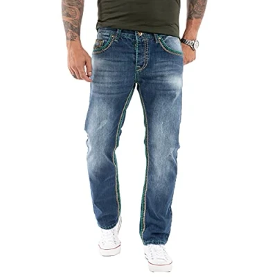 Abbildung von Rock Creek Herren Jeans Hose Comfort Fit Dicke Nähte Herrenjeans Herrenhose Denim Stonewashed Basic Weites Bein Raw RC 2369 Dunkelblau W31 L30