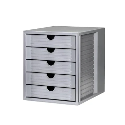 Abbildung von HAN Schubladenbox SYSTEMBOX KARMA mind. 80% Recycling Kunststoff mit 5 geschlossenen Schubladen, Schreibtisch oder im Schrank, inkl. Auszugsperre + Beschriftungsclip, Gummifüße, 14508 18, lichtgrau