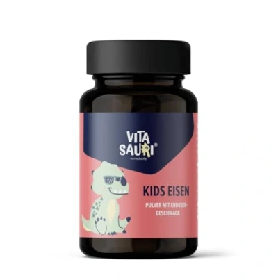 Abbildung von edubily nutrition® Vitasauri Kids Eisen Eisenpulver für Kinder mit Lactoferrin &amp; Vitamin C aus Acerolaextrakt Leckerer Erdbeer Geschmack Vegetarisch Ohne Zucker (65 g)