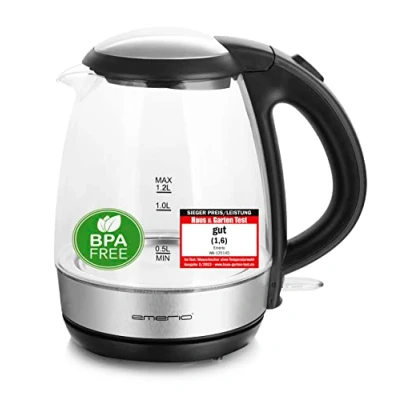 Abbildung von Emerio Glas Wasserkocher, 1.2 Liter, 2200 Watt, LED Innenbeleuchtung, 360 Basis, Borosilikatglas, BPA frei, Deckelöffnung per Knopfdruck, ideal für Zuhause, Camping oder Büro, WK 125145