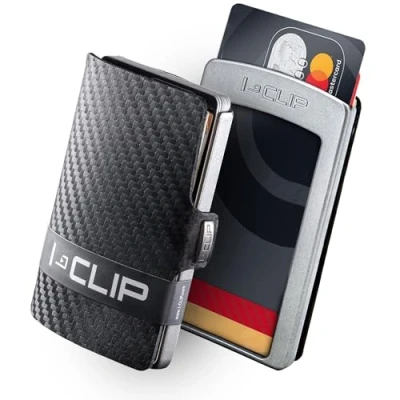 Abbildung von I CLIP Original Mini Wallet mit Geldklammer Slim Leder Geldbörse Premium Portemonnaie Kartenetui Silber Carbon