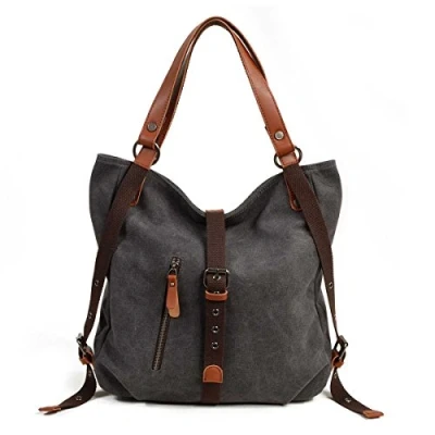 Abbildung von VZVABAG Damen Handtasche Rucksack Frauen Schultertasche Canvas Shopper Tasche Vintage Rucksackhandtasche Verstellbare Schultergurte (Grau)