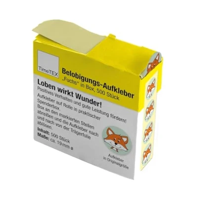 Abbildung von TimeTEX Belobigungs Aufkleber &quot;Fuchs&quot; Lehrersticker für motivierendes Feedback 500 Sticker in praktischer Spender Box 1 Motiv 19 mm ø
