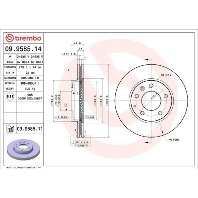 Abbildung von BREMBO COATED DISC LINE 09.9585.11 Bremsscheibe 274 24 5 innenbelüftet beschichtet MAZDA: 6 Saloon, Estate, Hatchback
