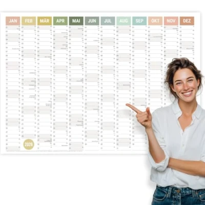 Abbildung von heaven+paper Jahresplaner 2026 A1 Wandkalender groß (+ 80x60cm) gefaltet mit 14 Monaten Kalender Wandplaner Feiertagen, Schulferien, Kalenderwochen Germany (Natural, Querformat)