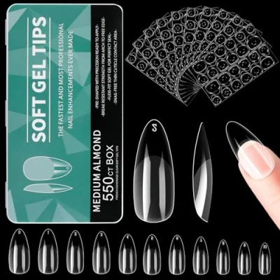 Abbildung von Alyvisun Mandel Nagelspitzen, 550 Stück Full Cover Acryl Nail Tips mit 240 Klebenagel Sticker Set, 11 Größen Klare für Gelnägel Soft Gel Nagel Almond Nageltips