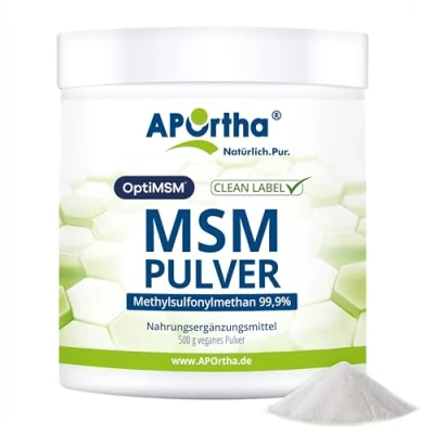 Abbildung von APOrtha® OptiMSM® MSM Pulver, 500g veganes 99,9% reines Methylsulfonylmethan ohne jegliche Zusätze, 1.000 mg pro Portion, vegan, glutenfrei, lactosefrei, allergenfrei