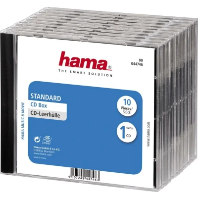 Abbildung von Hama CD Leerhüllen 10 Stück (Jewel Case für CD/DVD/Blu ray, Leerbox zur Archivierung, Aufbewahrung, Standard Schutzhülle, Transport Hülle) transparent schwarz