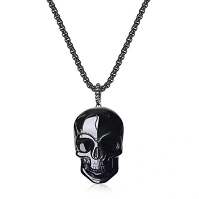 Abbildung von COAI Geschenkideen Herren Glückskette mit Totenkopf Anhänger aus Obsidian Skull Amulett Edelstahl Kette