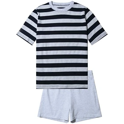 Abbildung von Jungen Schlafanzug kurz, weicher Single Jersey aus 100% Baumwolle und Hose in Bermuda Form gestreift, hellgrau Melange Grösse 140