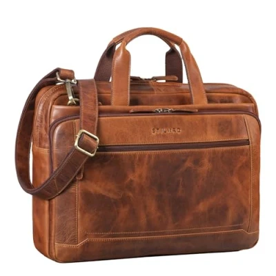 Abbildung von STILORD &#039;Antoine&#039; Leder Arbeitstasche Groß Businesstasche Aktentasche Lehrertasche Umhängetasche für DIN A4 Laptopasche Trolley Aufsteckbar Echtes Leder, Farbe:kara cognac