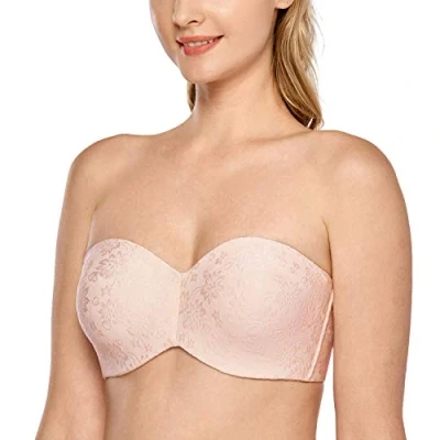 Abbildung von DELIMIRA Damen Trägerloser BH Jacquard mit Bügel ohne Einlagen Große Größen Aprikosenrosa 80C