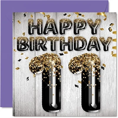 Abbildung von Geburtstagskarte zum 11. Geburtstag für Jungen schwarze und goldene Glitzerballons Happy Karten 11 Jahre alten Sohn Bruder Enkel Cousin 145 mm Elf Elfter Grußkarten Geschenk