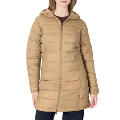 Abbildung von Amazon Essentials Damen Leichter, wasserabweisender Puffermantel mit Kapuze (erhältlich in Übergröße), Kamelbraun, M