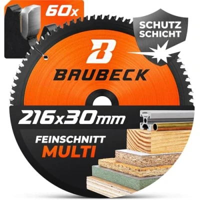 Abbildung von BAUBECK Sägeblatt 216x30 Multi Material Feinschnitt Kreissägeblatt für Holz, Aluminium, Metall uvm. 216 kompatibel mit Metabo KGS 216, Bosch GCM 8