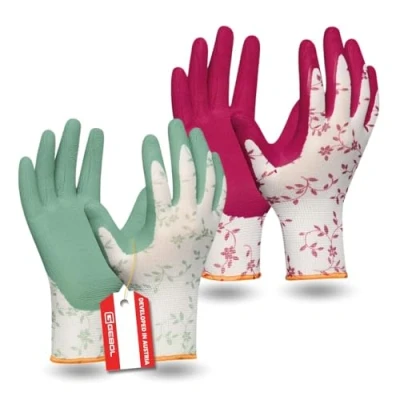 Abbildung von Gebol Flower Duo 2 Paar Größe M (Gr 8) Gartenhandschuh Doppelpack in den Trendfarben 2023 Arbeitshandschuh mit Blumenmuster weiche Latex Beschichtung für guten Grip Damen rot grün