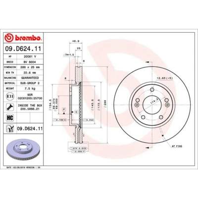 Abbildung von BREMBO 09.D624.11 Bremsscheibe 288 25 5 innenbelüftet beschichtet hochgekohlt mit Schrauben HYUNDAI: i30 III Estate, Hatchback