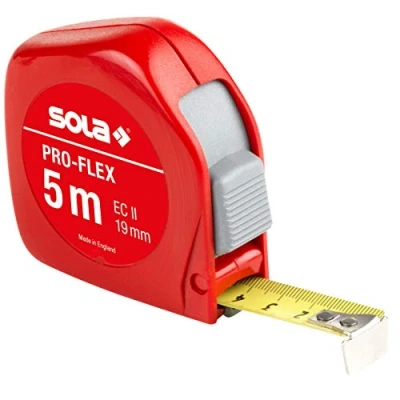 Abbildung von SOLA PRO FLEX Bandmaß 5m / 19mm Taschenbandmaß mit Gürtelclip Stahlband, gelb lackiert mm Skala Genauigkeitsklasse II Rollmeter beweglichem Endhaken Metermaß Länge 5m/19mm