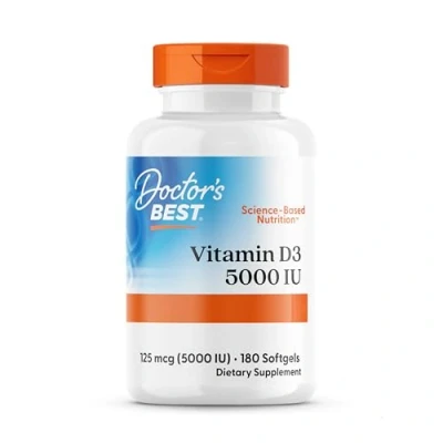 Abbildung von Doctor&#039;s Best, Vitamin D3, 5.000IU, Hochdosiert, Depot Wochendosis, 180 Weichkapseln, Laborgeprüft, Sojafrei, Glutenfrei, Ohne Gentechnik