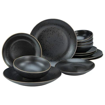 Abbildung von CreaTable, 22707, Serie Industrial Gold BLACK, 12 teiliges Geschirrset, Teller Set aus Steinzeug, spülmaschinen und mikrowellengeeignet, Qualitätsproduktion
