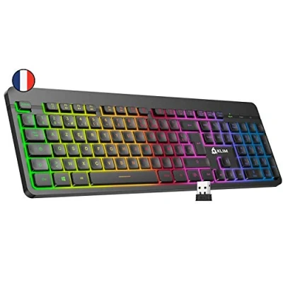Abbildung von KLIM Light V2 Tastatur Kabellos AZERTY + flach, ergonomisch, dezent, wasserresistent, leise Beleuchtete Gaming für PC Mac PS4 Xbox 1 Integrierter Akku mit Langer Lebensdauer