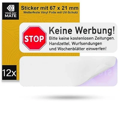 Abbildung von Briefkastenaufkleber &quot;Keine Werbung&quot;, 12 Stück, 67 x 21 mm, selbstklebende Folie, Briefkastenschild für Innen und Außenbereich, Keine Reklame Aufkleber, Schild gegen Werbung, Briefkastenwerbung Stop